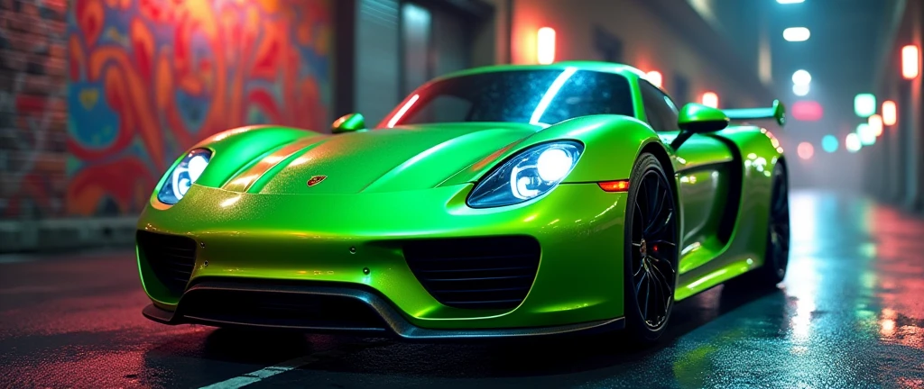 creates the porsche carrera gt in a need for speed context, without people inside and a tuned green color, realist

