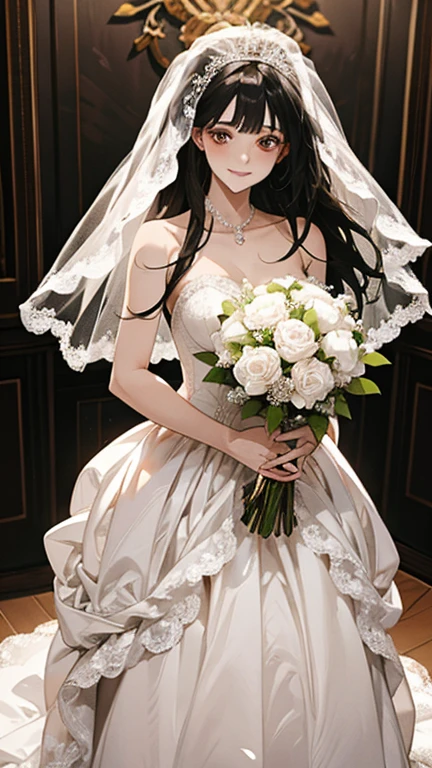 wedding,Bride in white wedding dress holding flowers,Smile,Perfect face,Black Hair,Perfect face,Full body portrait