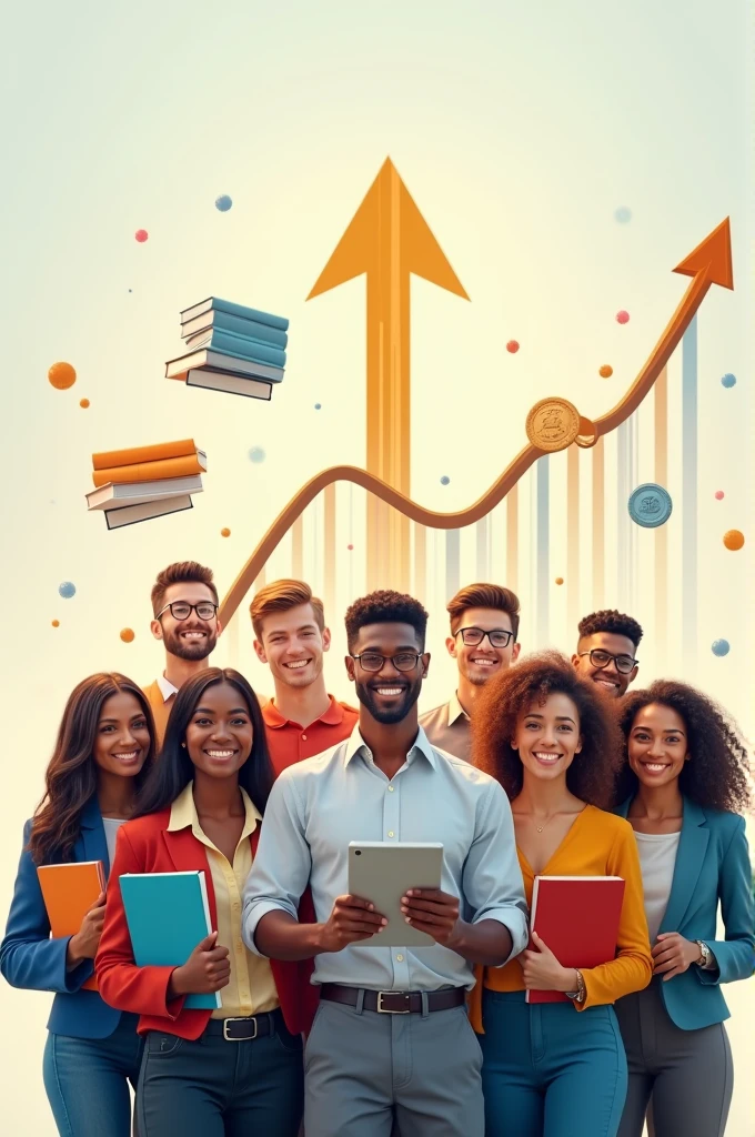 A clear background, with icons representing growth (up arrow), knowledge (textbooks), and professional success (a medal or diploma).
The image may include a group of professionals of different ages and ethnicities, with confident smiles, segurando textbooks ou tablets, suggesting that they are already setting themselves up for success.