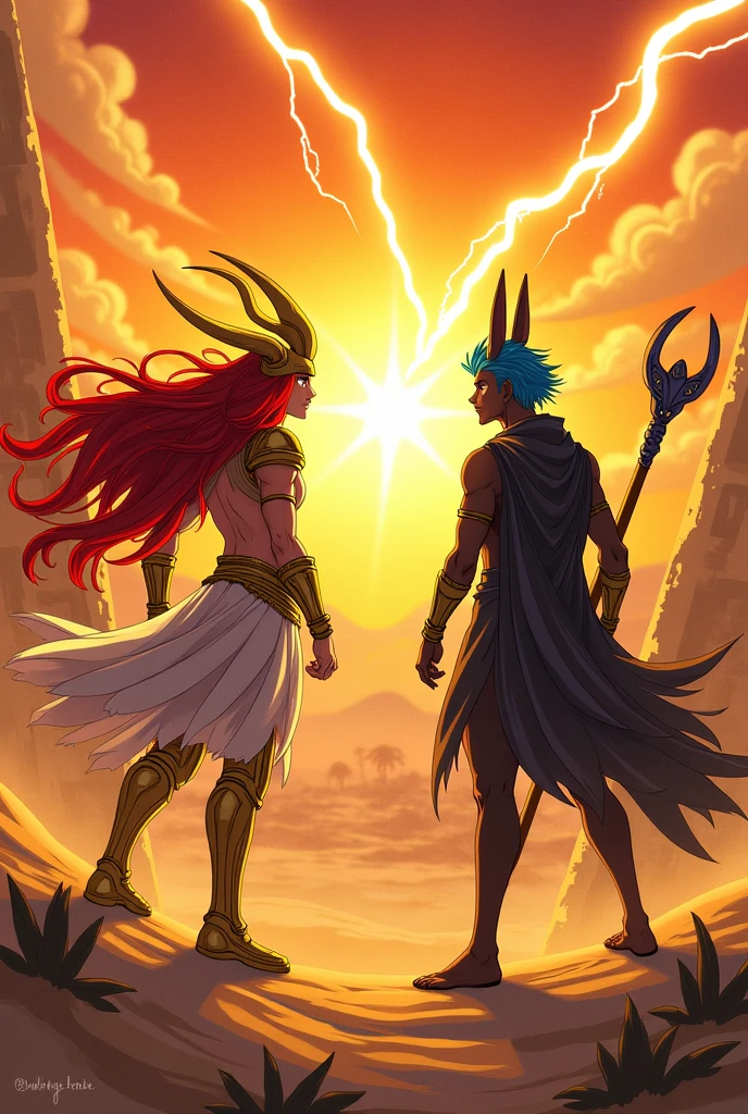 Anime page with fighting in Egypt, red haired character with characteristics of the God Ra vs blue haired character with characteristics of the God Anubis.