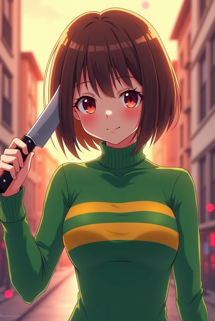 an anime girl with dark red eyes and short brown bob hair wearing a green turtleneck with two horizontal yellow stripes on her chest of her turtleneck sweater holding a knife while doing a cute pose
