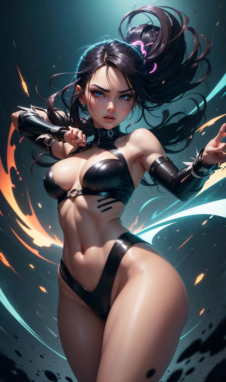 (best qualityer,4K,high resolution,work of art:1.2),ultra detali,アニメ,dance club vibe,intense gaze,a stunning figure with a mix of thick and thin proportions,neon lights,dynamic poses,swirly vibrant colors,dramatic composition,powerful emotions,vivid expressions,futuristic scenery,masterful illustration,electric atmosphere,energy and movement,captivating art,stylized character design,charming visuals,meticulous attention to detail,Expressive eyes and facial features,intense and seductive looks,dynamic lighting effects,artistic narrative,immersive experience.