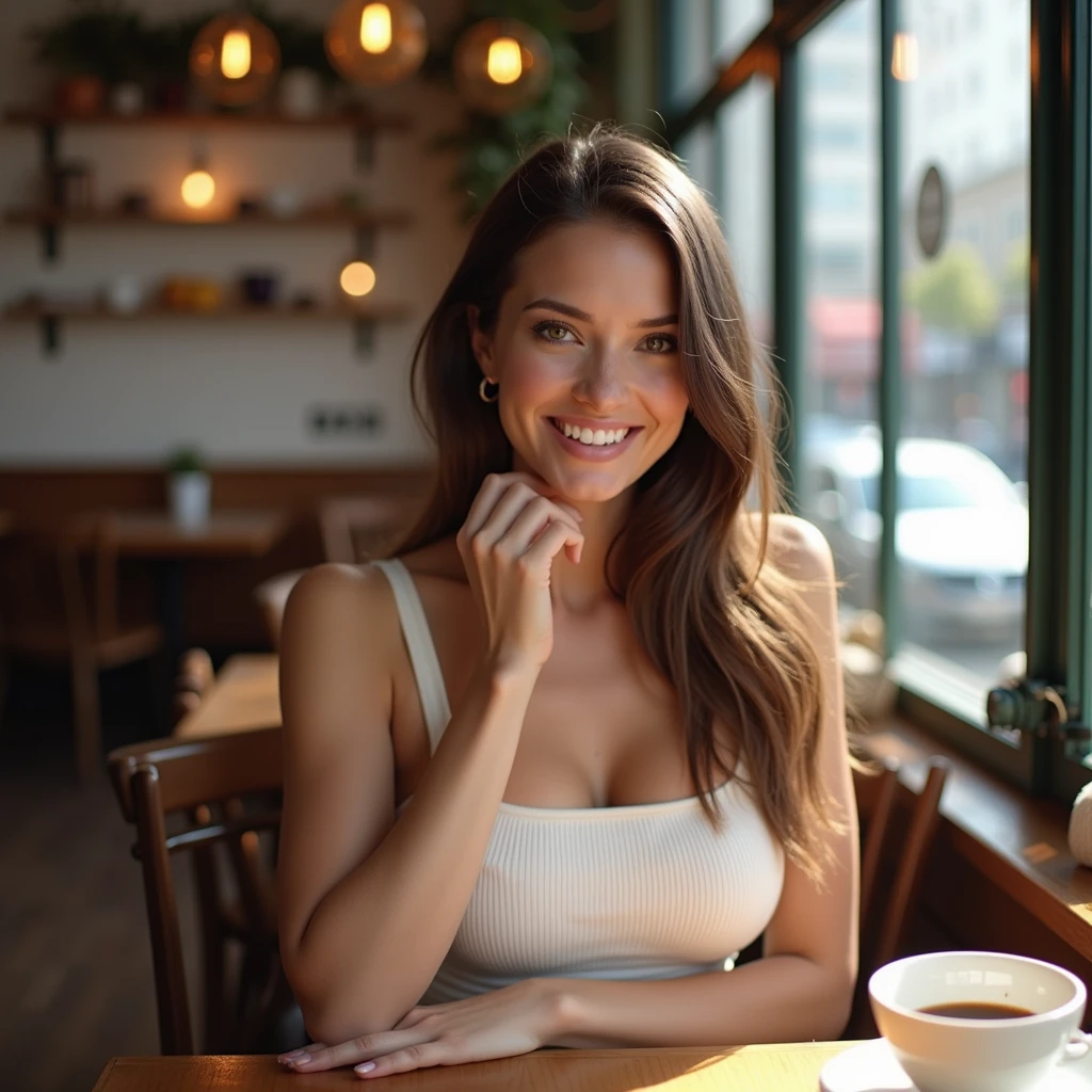 a 24 year old white woman, beautiful body, long straight brown hair and brown eyes, white crop top, sitting, coffee shop, sunlight, flirts with the camera