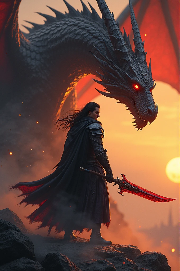Red-eyed, dark-haired warrior, with a sword with the color of the blade a mixture of red and black and a huge dragon with black and red skin