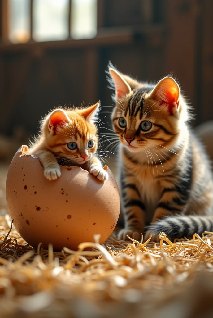 Orange cat hatching from a chicken egg next to its mother cat
