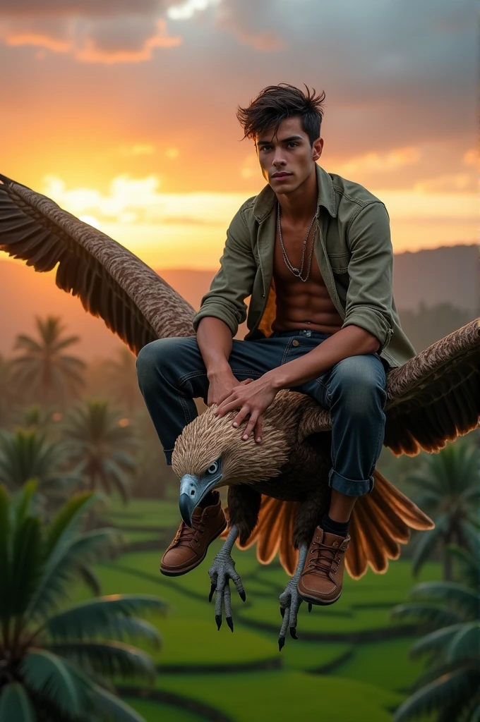 photo of cool handsome guy sitting on eagle Indonesia
