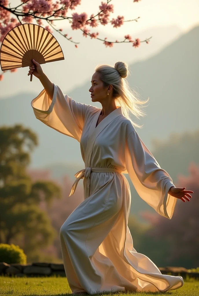 L'image d'une femme, 55 ans, grande, cheveu clair, pratiquant le Tai Chi avec un éventail de combat avec mention de ce texte : Le Tai Chi est un voyage et chaque étape compte.