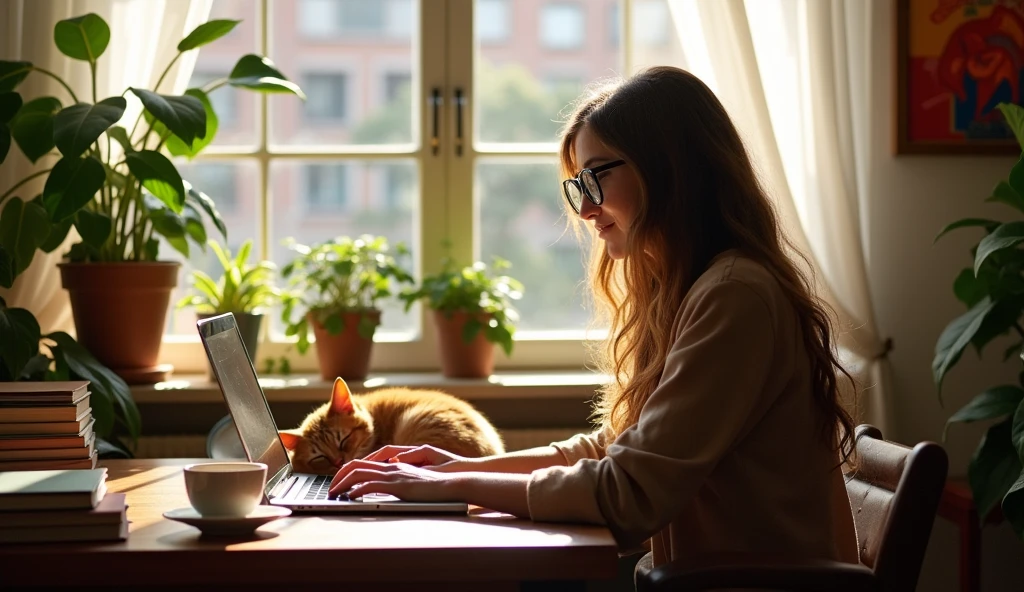 apartment, 30 year old girl sitting at a laptop, and next to him a ginger cat is sleeping in a ball
