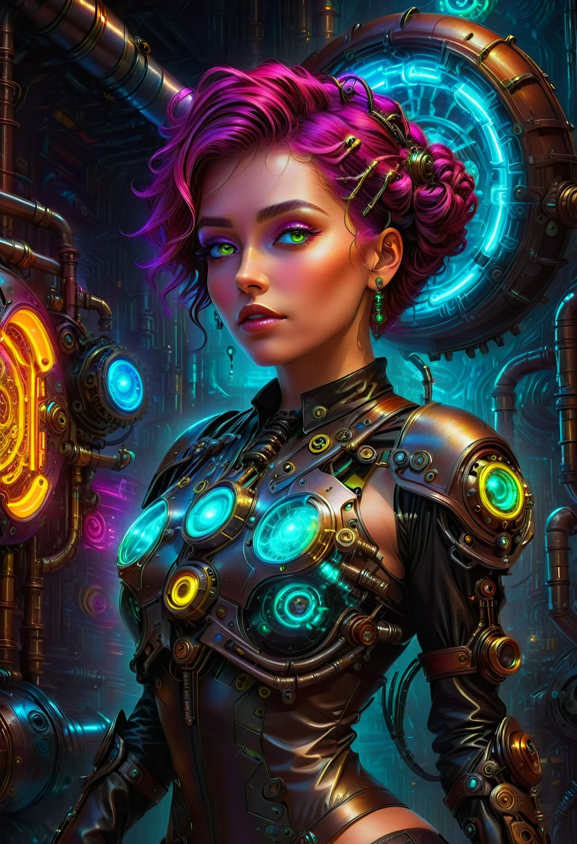 a woman with futuristic cyborg body, intricate mechanical details, glowing neon cyberpunk implants, bioorganic textures, steampunk gears and pipes, dramatic lighting, Pixar-style character design, intricate digital painting, cinematic composition, vibrant colors, masterpiece