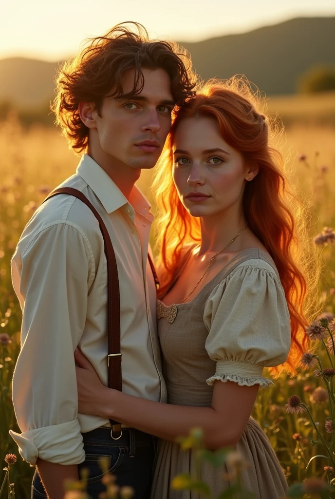 Handsome Timothé Chalamet in the field next to a redheaded woman, white, no freckles, with red eyebrows, com olhos castanhos, small lips, in peasant clothes.