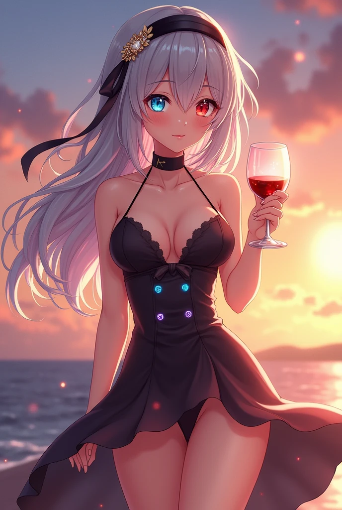 best quality,highly detailed,masterpiece,ultra-detailed,highres,absurdres,incredibly_absurdres,huge_filesize,wallpaper,Bare thigh,Bare arms,Bare navel,Bare shoulders,cleavage dress,bikini,big breast,hand on own chest,spread legs,sunset,halo,hair ornament,black blindfold,silver hair,comic,realistic,personification,1girl,an extremely delicate and beautiful,full body,an extremely delicate and beautiful girl,extremely detailed,light_leaks,anime face,bright_eyes,queen,nurse,stewardess,seductive smile,nose blush ,light blush,makeup ,heterochromia blue red,wine glass --auto --s2anime girlwithwhitehairandblackblindfold and blue glowingcat marks on cheeks