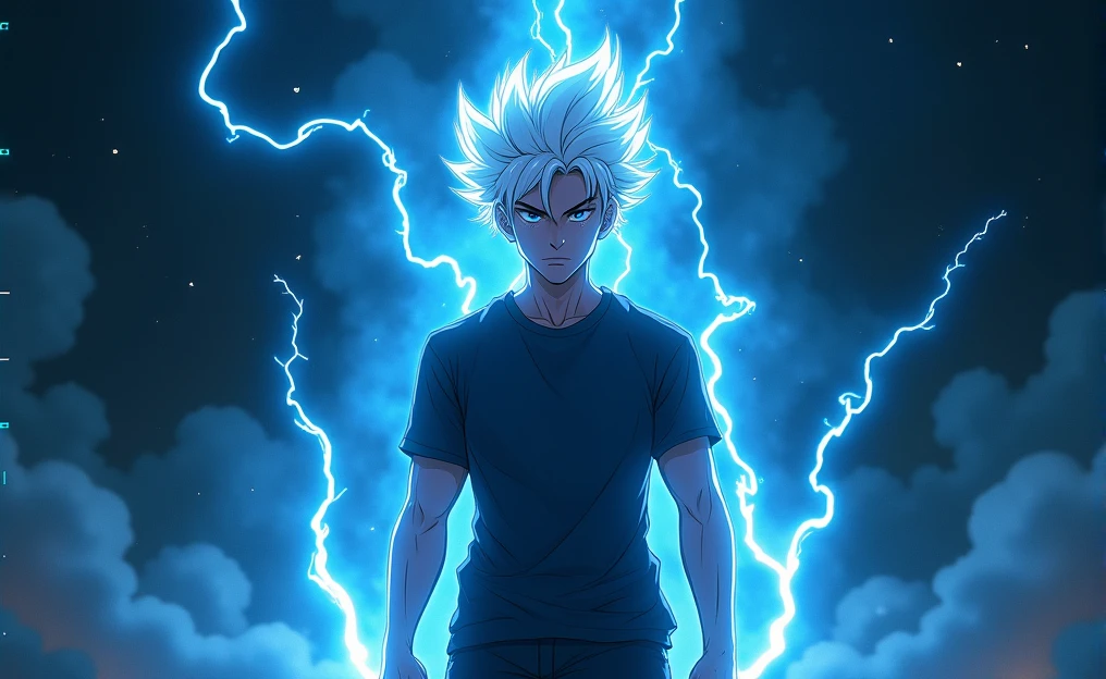 pretty young man with a serious expression, surrounded by an electric aura. His hair is spiky and messy, white or silver, which contrasts strongly with the dark, bluish lighting that dominates the scene.. He is dressed in a short-sleeved T-shirt over a long-sleeved T-shirt, both in dark tones, which gives it a casual but powerful air.

The background is shrouded in darkness, with rays of blue electricity snaking around the character, illuminating it dramatically and highlighting its figure in the dim light. The atmosphere is intense, conveying a sense of contained power and potential danger. The combination of the character&#39;s relaxed posture and the visual effects of electricity suggests that he is about to unleash an impressive force..

This style is semi realistic animated, with a focus on energy effects and building a tension-filled environment. It is a scene that could belong to a climatic moment 