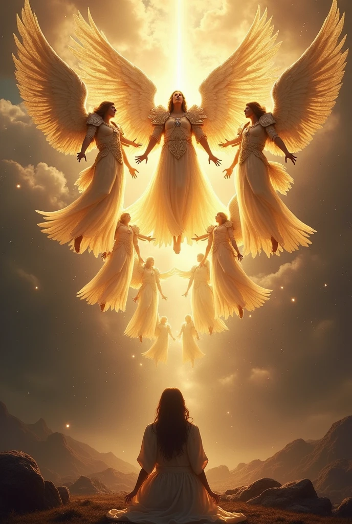 I create the image of a division of angels with glorious armor coming to the aid of a faithful person praying, asking for help, crying out for divine help. The angels are wearing armor and are a legion. Ok..
