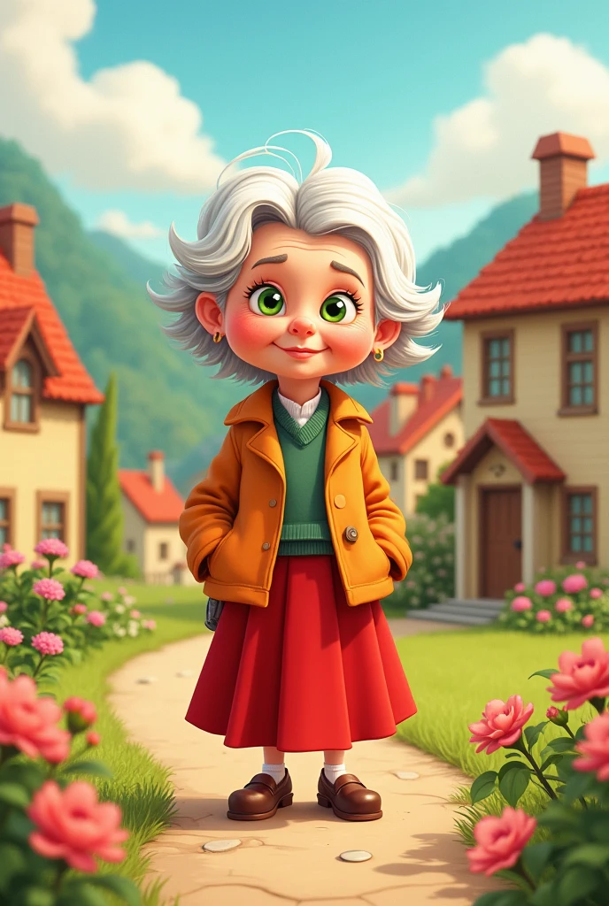 very old lady aged 86 who wears a red skirt and coat, white hair and green eyes, she is short and has a slightly curved back. Doesn't have a clock, Make it in cartoon style
  