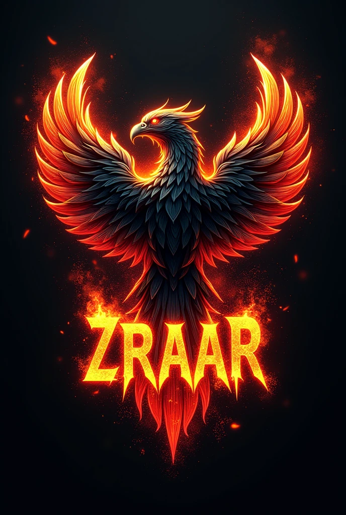 Design a logo for a football team.
Logo Features:
* Scary
* Super realistic
* Super cool
Team name is "ZRAAR" (Barbarians)
It would also be a phoenix with a variety of colors, but mostly black, and the team name should be in flames, but the team name in Spanish.