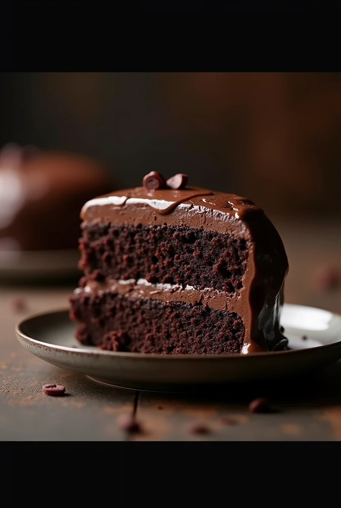 cinematic film still chocolate, chocolate cake, dark background, quality photo, moist texture, frosting, studio photo, slice . shallow depth of field, vignette, highly detailed, high budget, bokeh, cinemascope, moody, epic, gorgeous, film grain, grainy