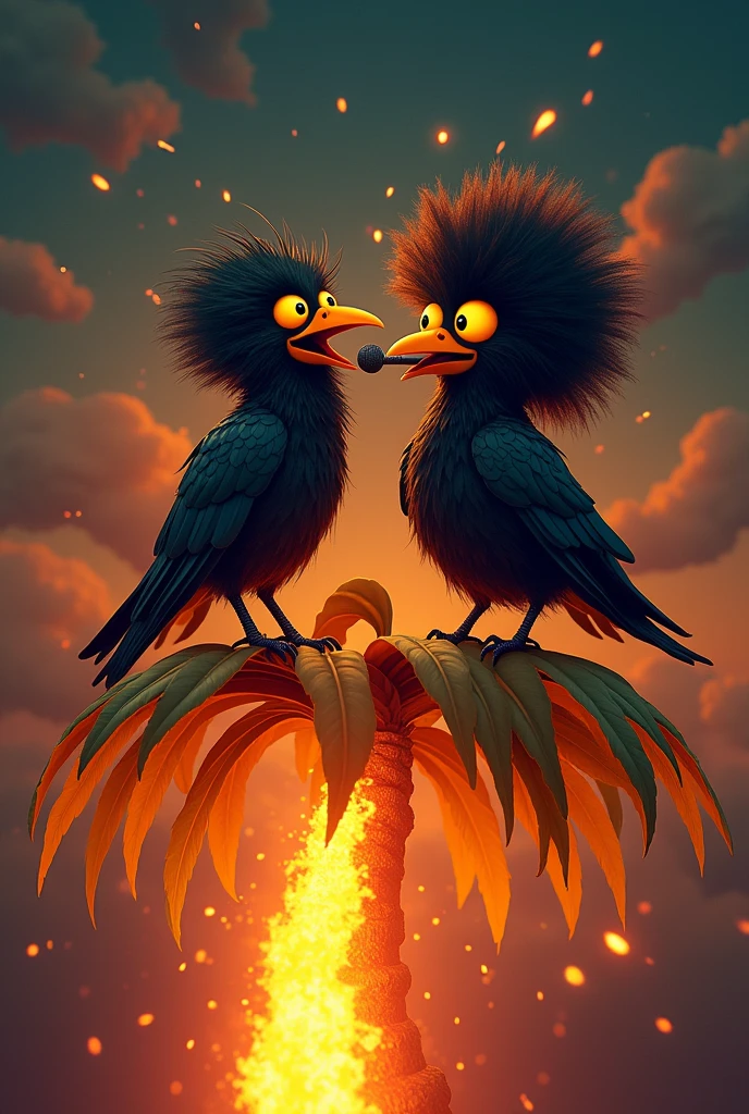 Palm on fire with two funny raven with yellow
eye on top , Talking with a podcast microphone.
One of them have a afro and is smoking