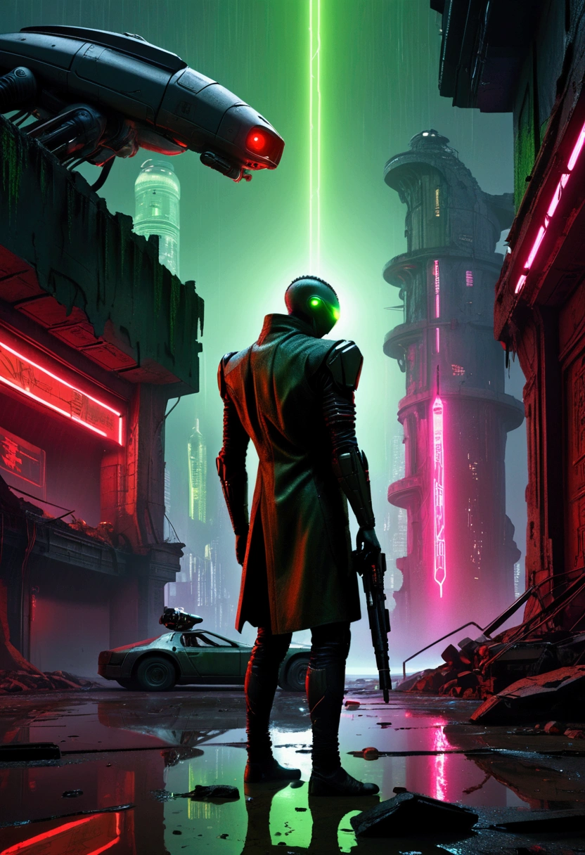 "A slender, biomechanical alien with dull green skin and large black eyes stands in the ruins of a cyberpunk coliseum, overlooking a futuristic war-torn city. He wields an energy blaster in one hand, while the other rests on a cracked wall. Red neon rain reflects off puddles of water. Spy drones streak across the shadowy sky, while lightning illuminates the scene. Wide shot, gothic style, highly detailed, 8K, concept art, Blade Runner, Akira."