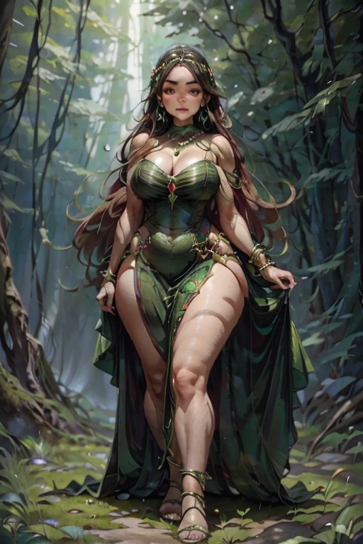 Beautiful Irish sorceress, large breasts, wide and very curved hips; penetrating but nobke look; long dress in shades of green; jewelry made of rubies, emeralds, topazes and pearls; in the middle of a forest at dusk, while the fog appears around; cinematographic image; masterpiece; UHD