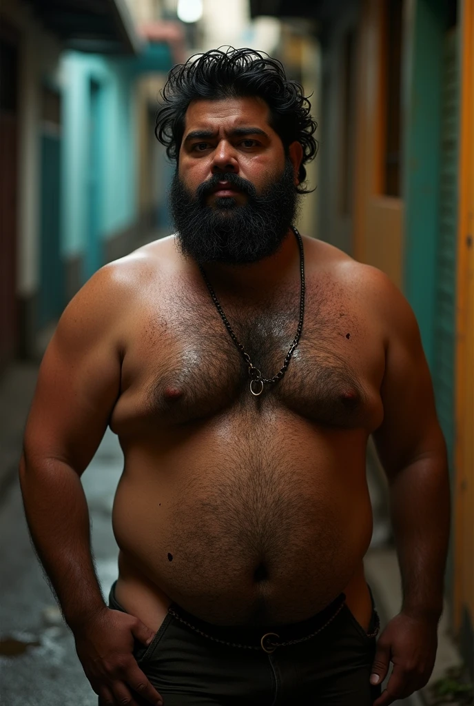 bonitas, bearded chubby gay with thick black hair, he is naked, he is on a street in the favela of Brazil, sensual gay photography, dramatic lights , sexy sensual, dirty and wet body with oil, shining skin