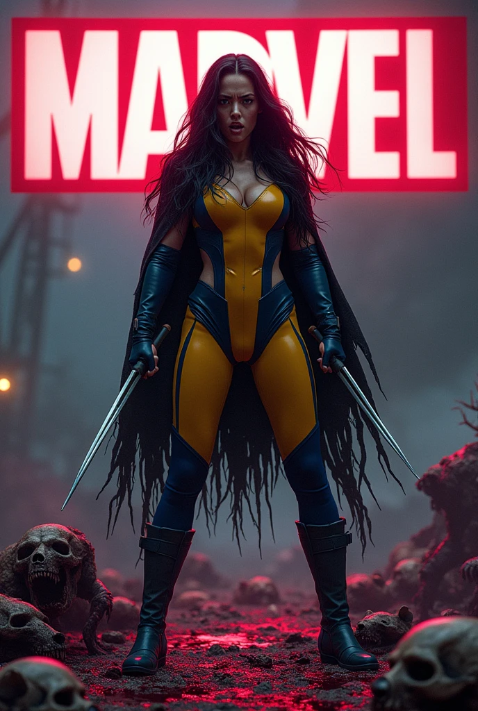 A beautiful woman with long black hair under the cloak of Laura Kinney aka X-23 wearing the Wolverine costume yellow suit combined with black and blue on her knees screaming exhausted after an extensive battle rats and skulls on the floor blood around her strong bloody images Wolverine mask in the blood flourescent Marvel logo in the background of each image