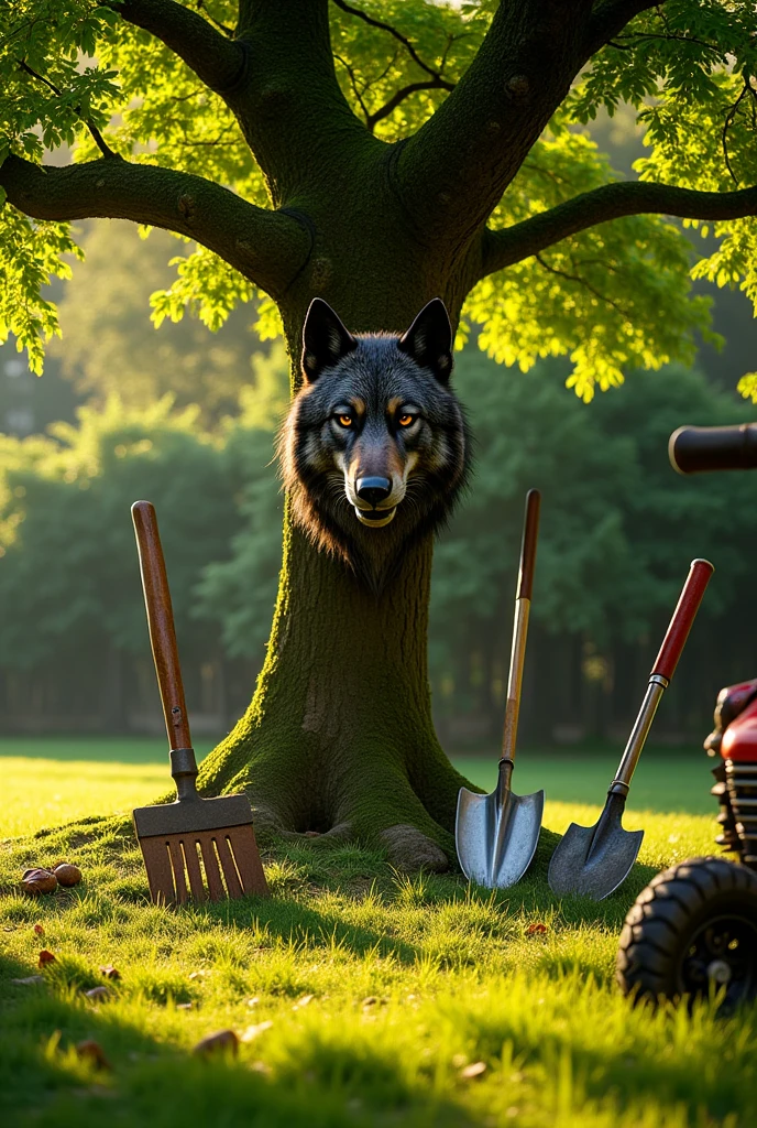 A green, leafy tree with a wolf's head hanging from it. On the left side, there is a rake and a shovel. On the right side, there is a machete and a brush cutter."