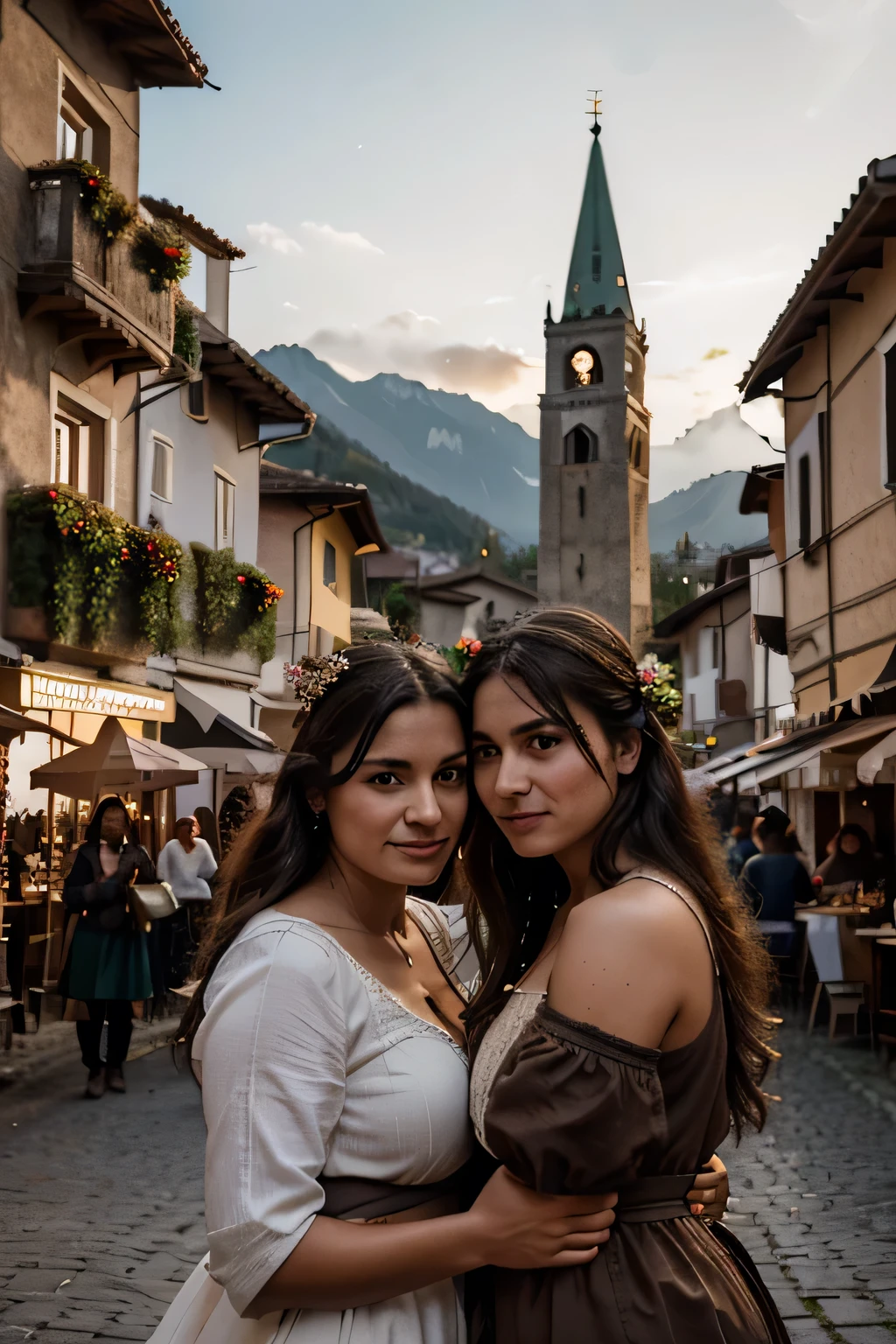 A hyper-realistic portrait of village festivals in the square of Borgo Valsugana, Trentino, Italy. In the distance on the left the mountains of the Lagorai chain on the right the Asiago plateau and in the background Valsugana with the setting sun. The bell tower in the square projects a cone of shadow over the people celebrating.
The photography exudes Salgado's style with extended tones, deep shadows and bright, plastic lights. The lighting is natural, and the shadows accentuate the details. The general atmosphere is of a rustic and authentic beauty, which captures the festive essence of the small village at the bottom of the valley and its inhabitants dressed in typical Tyrolean costumes.
Art style: photorealistic, hyper-detailed, dramatic lighting, dynamic pose, bright and blurry background
Emotions: friendship, fun, celebration.