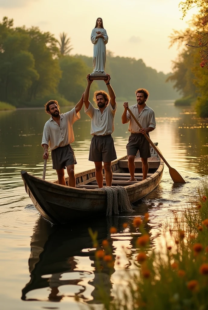 Drawing of 3 men dressed in simple 17th century fisherman's clothing, in 2 rowing boats, with fishing nets in a river, one of them holds in his hands the statue of Our Lady of Aparecida, found in the river.