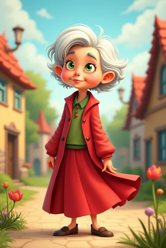 very old lady aged 86 who wears a red skirt and coat, white hair and green eyes, she is short and has a slightly curved back. Doesn't have a clock, make it in cartoon style with a very old look