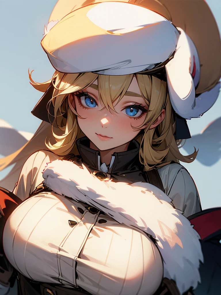 big breasted,blonde,hat on head,with gloves on,beautiful woman in winter