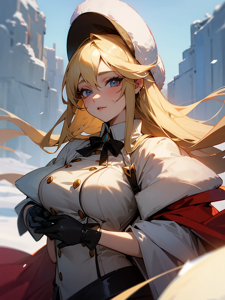 big breasted,blonde,hat on head,with gloves on,beautiful woman in winter