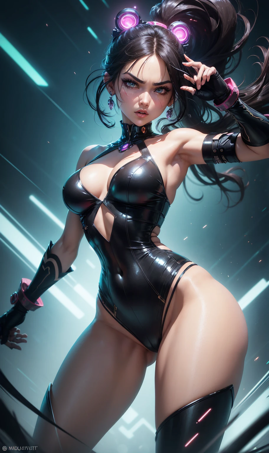 (best qualityer,4K,high resolution,work of art:1.2),ultra detali,アニメ,dance club vibe,intense gaze,a stunning figure with a mix of thick and thin proportions,neon lights,dynamic poses,swirly vibrant colors,dramatic composition,powerful emotions,vivid expressions,futuristic scenery,masterful illustration,electric atmosphere,energy and movement,captivating art,stylized character design,charming visuals,meticulous attention to detail,Expressive eyes and facial features,intense and seductive looks,dynamic lighting effects,artistic narrative,immersive experience.