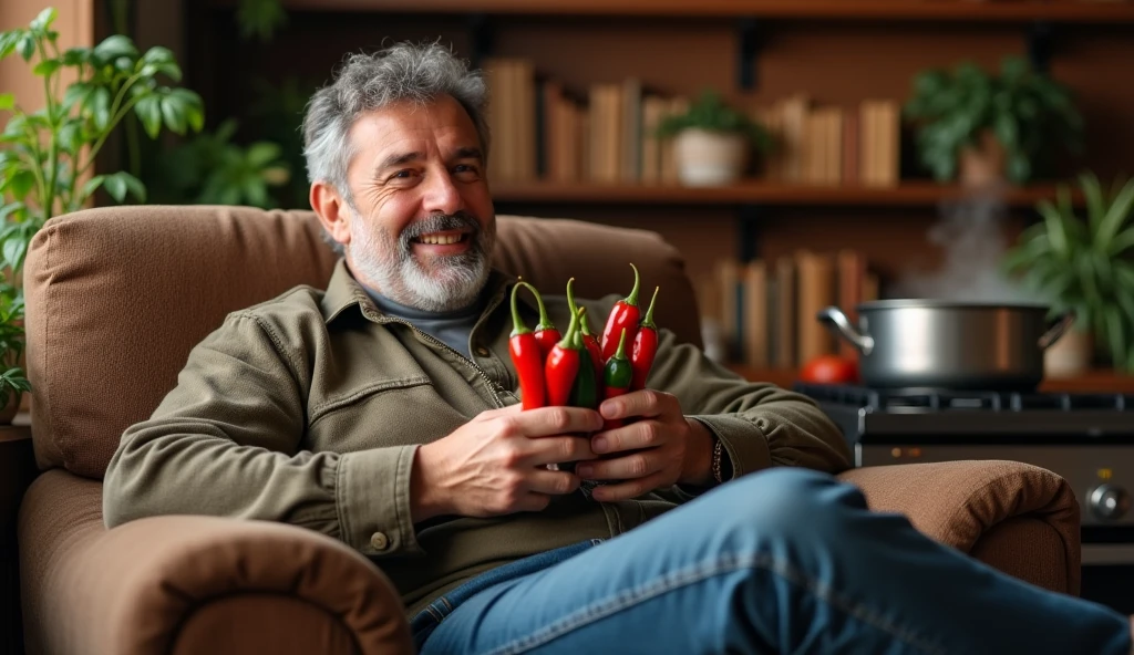 A man at home with 8 chilings in his hand