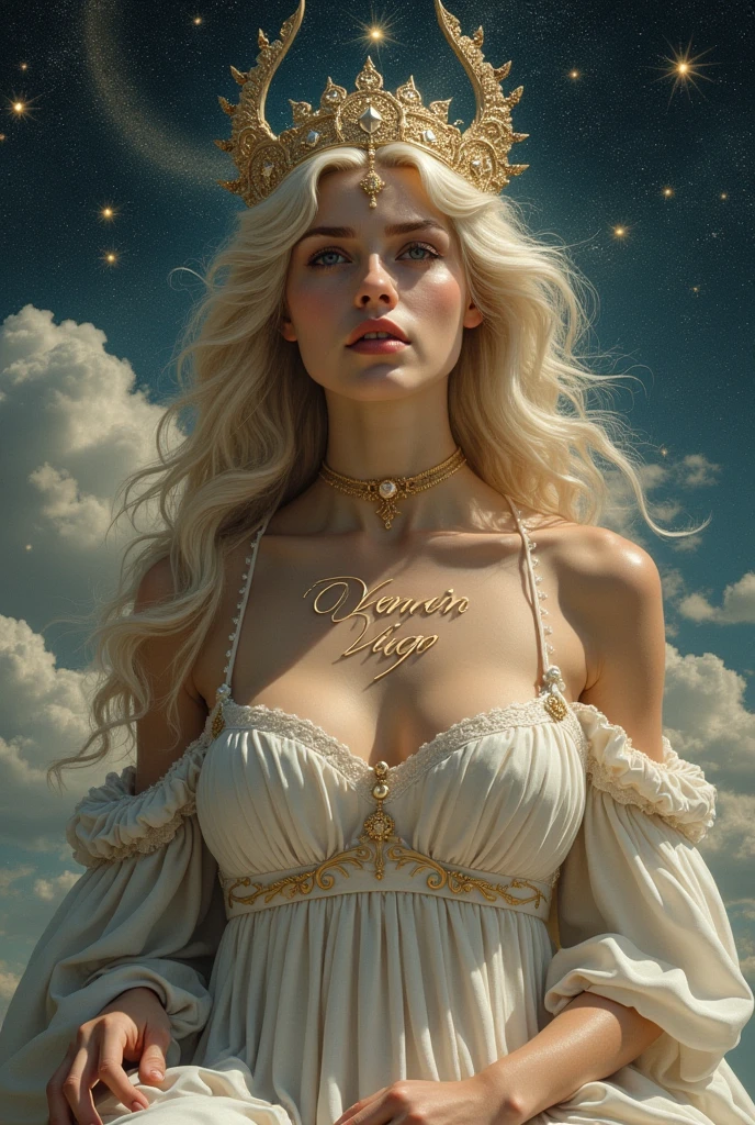 create an aphrodite sitting on top of the symbol of the sign of virgo her features are serious and rigid and resemble the queen of swords from the tarot just below her collarbone is tattooed the words: Venus in Virgo