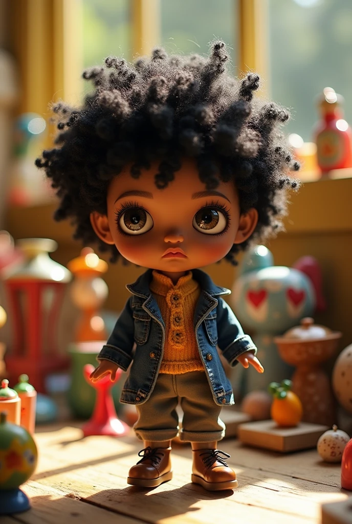 generate the image of a blythe doll with masculine features, slightly brownish skin, curly black hair and bangs, long nose