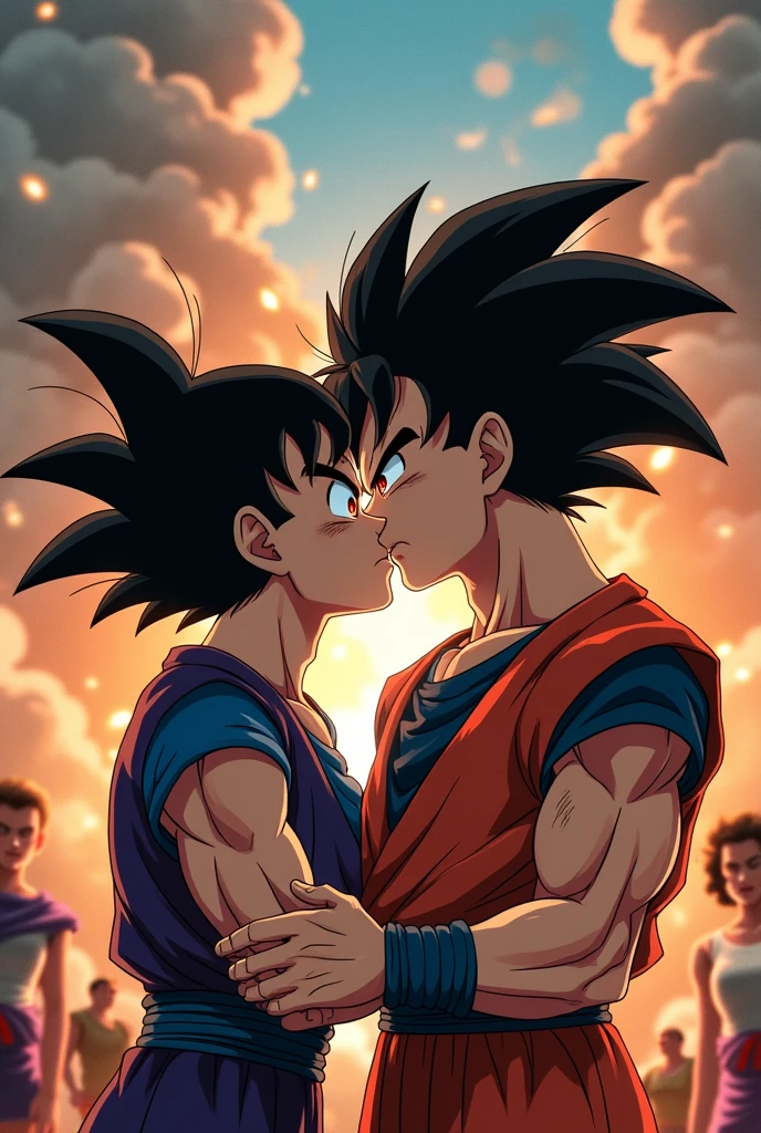 Make an image of Goku kissing Vegeta and when there is a war behind him, Bulma is looking angry while Blur has the face of Glory