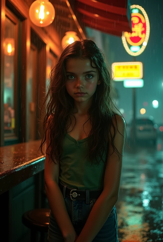 A girl with Brunette hair and green mint eyes.she was standing infornt of a bar and its raining