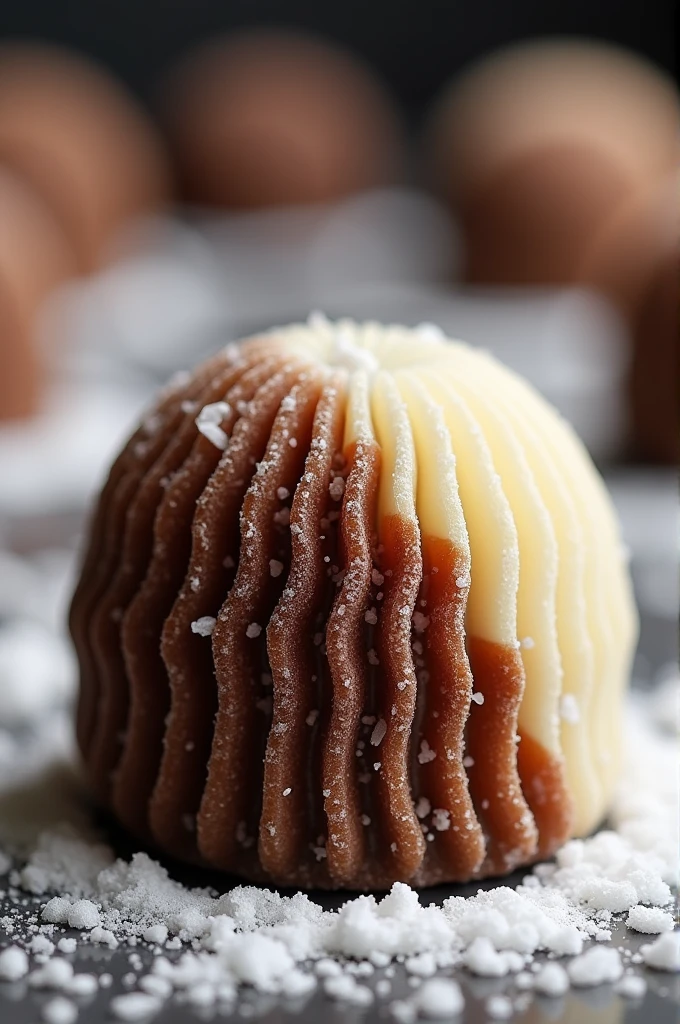 truffle, half brown and half white, covered in crystal sugar, in a pleated mold