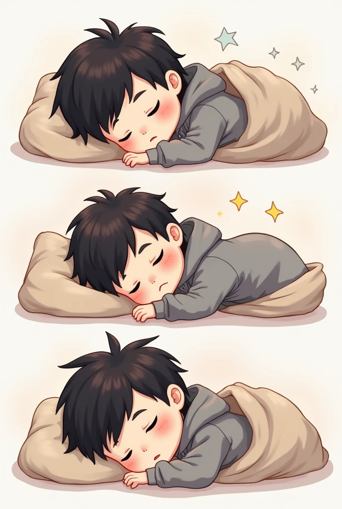 I want to create a series of stickers for WhatsApp and Telegram here the character has white skin, black eyes, black hair, gray hoodie, he's a boy, shoulder head stiker series. Sleeping, under a blanket