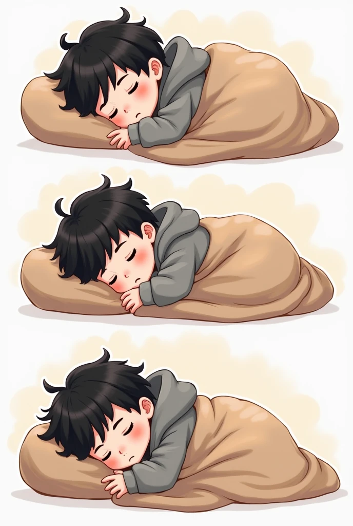 I want to create a series of stickers for WhatsApp and Telegram here the character has white skin, black eyes, black hair, gray hoodie, he's a boy, shoulder head stiker series. Sleeping, under a blanket