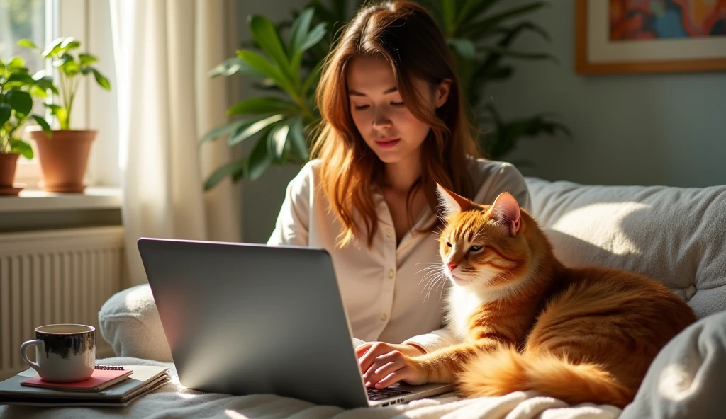 apartment, 30 year old girl sitting at a laptop, and next to him a ginger cat is sleeping in a ball
