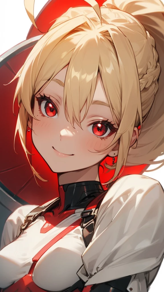 1 Female、Small breasts、Blonde ponytail、Round red eyes、Fine and beautiful skin、smile、smile、Ahoge、Upper body close-up、A detailed red rider's jacket、Wear a big jacket、Cinematic Light、Golden hour sky