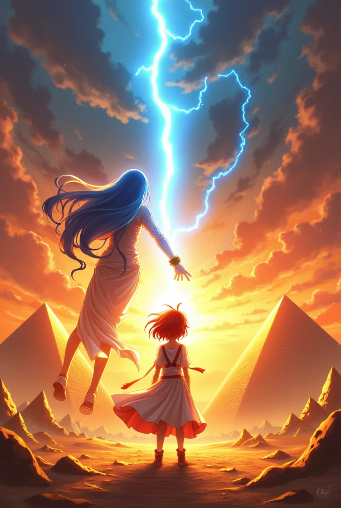 Anime cover with fight in Egypt, short red hair character and characteristics of God Ra vs long blue hair character and characteristics of God Anubis.