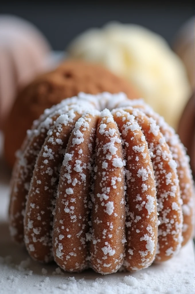 truffle, half brown and half white, covered in crystal sugar, in a pleated mold