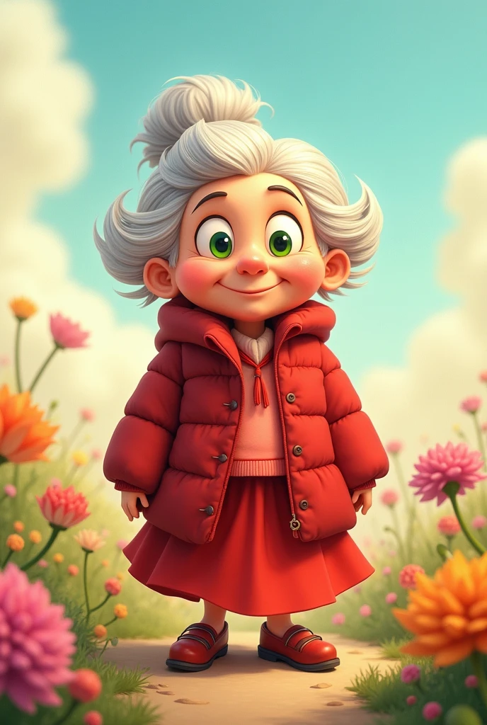 very old lady aged 86 who wears a red skirt and coat, white hair and green eyes, she is short and has a slightly curved back. Doesn't have a clock, make it in cartoon style with a very old look with wrinkles on the face