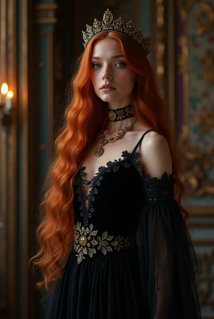 pintura de uma mulher com cabelo vermelho e um estrangulamento em um black gown, John Collier art style, maiden with copper hair, style of karol bak, uma jovem redheadwear, portrait of a young witch, No Bowater Art Style, Directed by: Roberto Lenkiewicz, brom gerald, Albert Lynch, portrait of princess merida, Dave Sim, Red-haired girl in a shadowy palace, black gown e roxo de veludo usando um kokoshnic, luxury gypsy clothing, head adornment, Lace choker, Masterpiece artwork, highest quallity, (standing alone), (face perfect: 1.3), (high détail: 1.2), Dramatic, 1girl, angel, (pale skinned), long redhead hair, Red hair escuros, (Breasts huge), light eyebrows, long hair, natta, purple and black medieval gypspy outfit, lots of jewelry, head adornments, eyes browns, covered navel, pouty lips, Curvilinear, (arms behind back: 1.4), inked, Detailed palace background, art by artgerm and greg rutkowski, cinematic lighthing, , lo fashion, BALENCIAGA, Alexandre Mc Queen, glitter, Red hair acobreados, copper red hair, Red hair, mulher redheadwear, Red hair bonitos, redheadwear, pale skinned, fat bottle, large lips, juicy lips beautiful lips, Beautiful  eyes, chubby cheeks, Round face, young chubby, Chubby Teen, chub,  gorda, Woman with plump body, chubby woman, perfect hands, perfects eyes, face perfect, black gown