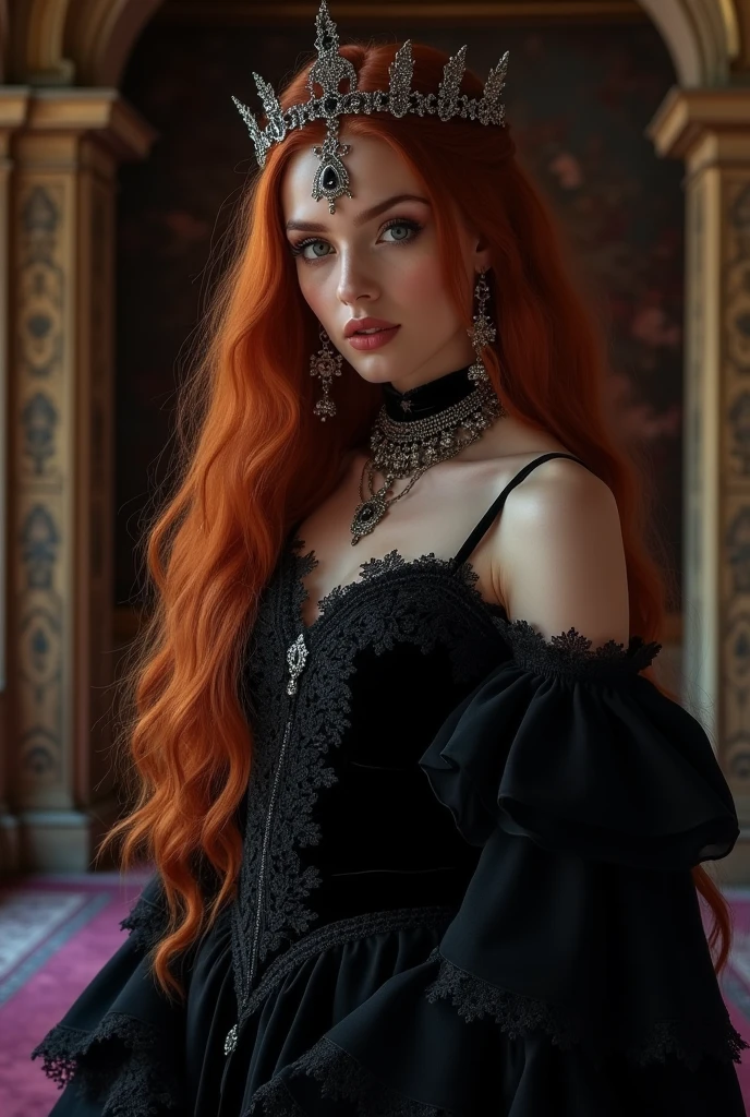 pintura de uma mulher com cabelo vermelho e um estrangulamento em um black gown, John Collier art style, maiden with copper hair, style of karol bak, uma jovem redheadwear, portrait of a young witch, No Bowater Art Style, Directed by: Roberto Lenkiewicz, brom gerald, Albert Lynch, portrait of princess merida, Dave Sim, Red-haired girl in a shadowy palace, black gown e roxo de veludo usando um kokoshnic, luxury gypsy clothing, head adornment, Lace choker, Masterpiece artwork, highest quallity, (standing alone), (face perfect: 1.3), (high détail: 1.2), Dramatic, 1girl, angel, (pale skinned), long redhead hair, Red hair escuros, (Breasts huge), light eyebrows, long hair, natta, purple and black medieval gypspy outfit, lots of jewelry, head adornments, eyes browns, covered navel, pouty lips, Curvilinear, (arms behind back: 1.4), inked, Detailed palace background, art by artgerm and greg rutkowski, cinematic lighthing, , lo fashion, BALENCIAGA, Alexandre Mc Queen, glitter, Red hair acobreados, copper red hair, Red hair, mulher redheadwear, Red hair bonitos, redheadwear, pale skinned, fat bottle, large lips, juicy lips beautiful lips, Beautiful eyes, chubby cheeks, Round face, young chubby, Chubby Teen, chub, gorda, Woman with plump body, chubby woman, perfect hands, perfects eyes, face perfect, black gown