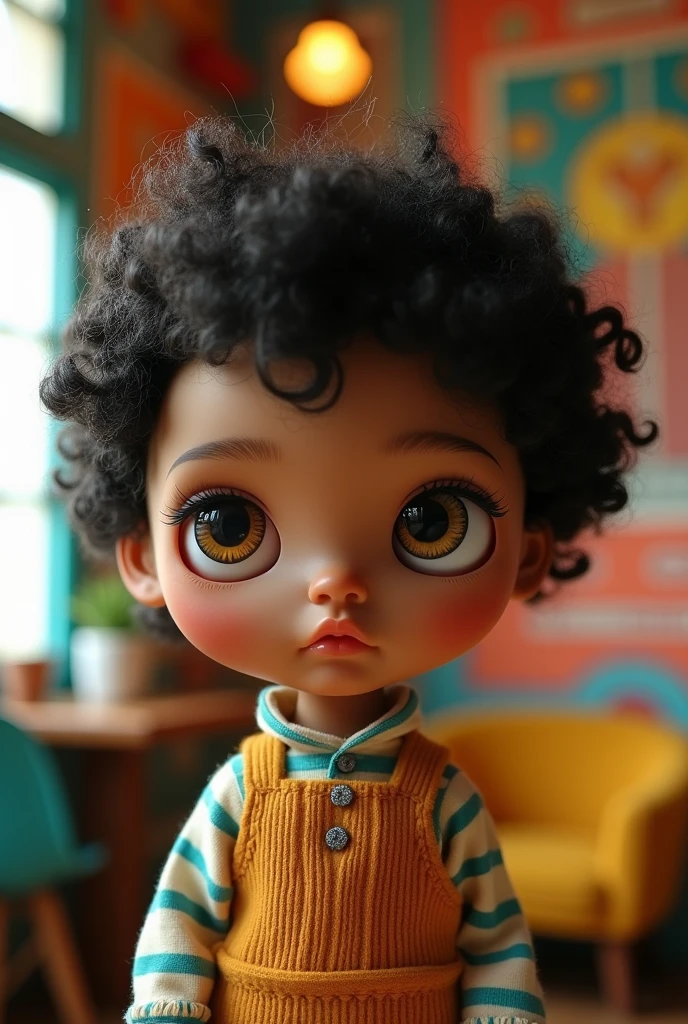 generate the image of a blythe doll with masculine features, slightly brownish skin, with dark curls, long nose