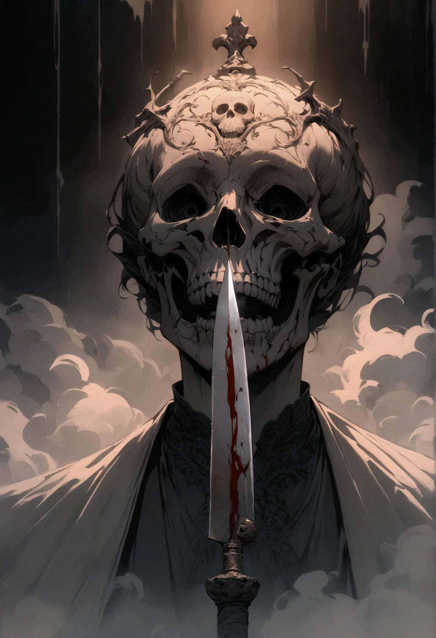 create this object, focus on the big knife, with blood in the blade, with engraved symbols of a skull in handle made of wood, with fog, with minimalist and horror features
