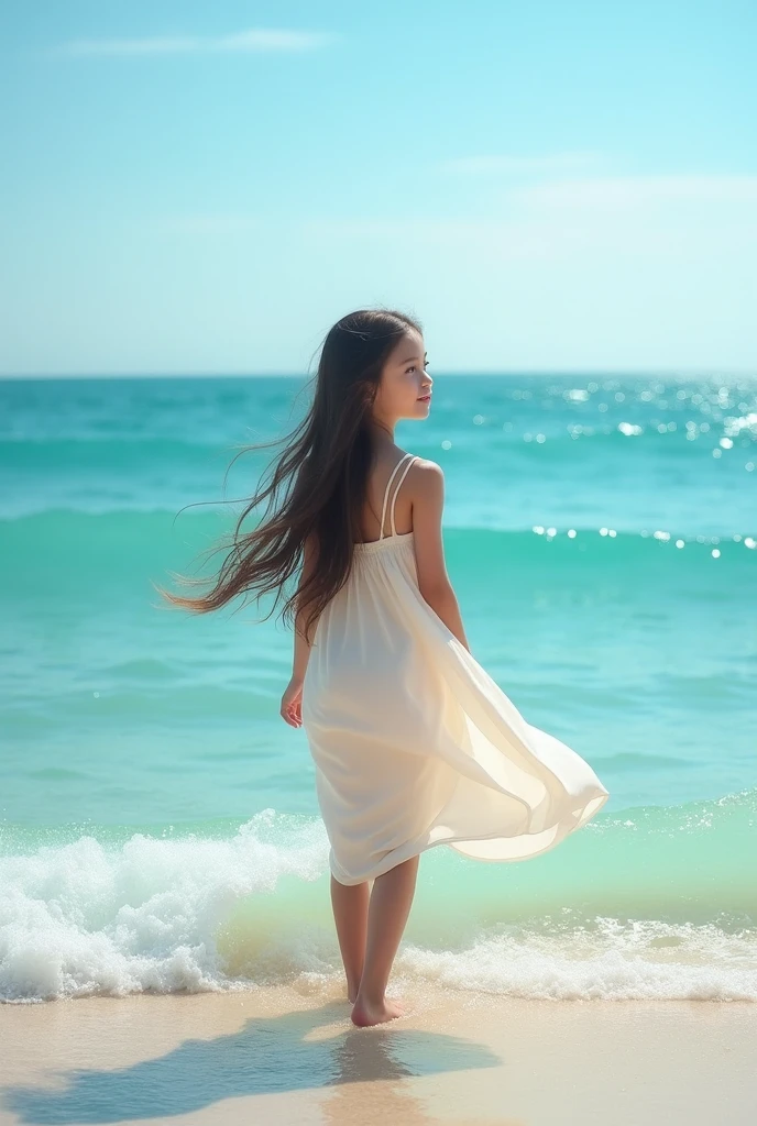 "A realistic depiction of a young girl standing in shallow water by the sea, with gentle waves lapping around her feet. She has long, flowing hair blowing in the ocean breeze, and she is wearing a simple, light-colored dress that flutters in the wind. The sky above is clear, with a soft gradient from light blue to deeper blue as it meets the horizon. The water is a mix of turquoise and deeper blue tones, with sunlight reflecting off the surface, creating a sparkling effect. The girl’s expression is serene, with a hint of a smile, as she gazes out at the open sea. The overall scene conveys a sense of peace and connection with nature."